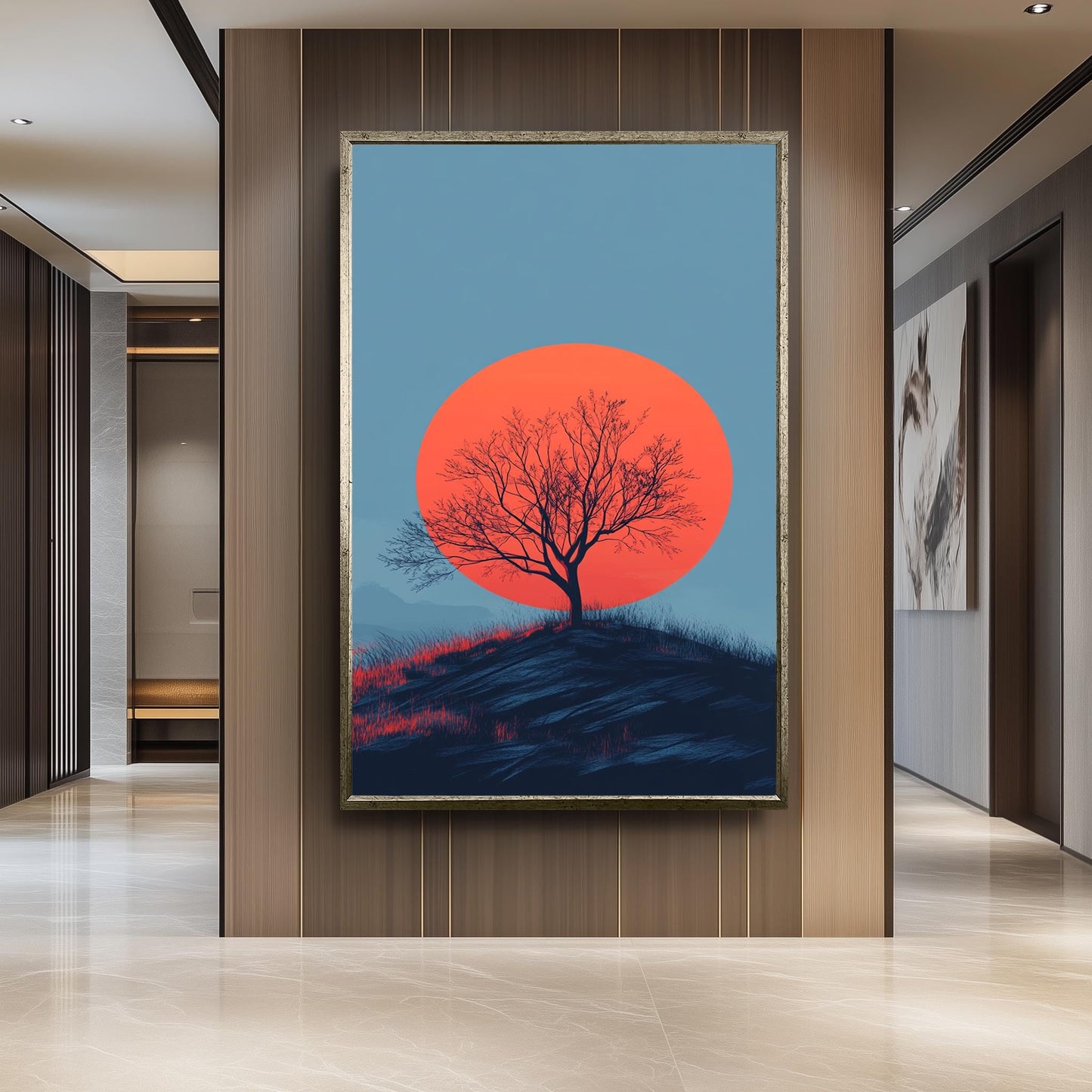 Minimalist Sunset Tree Canvas Print: Bold Red Sun Landscape