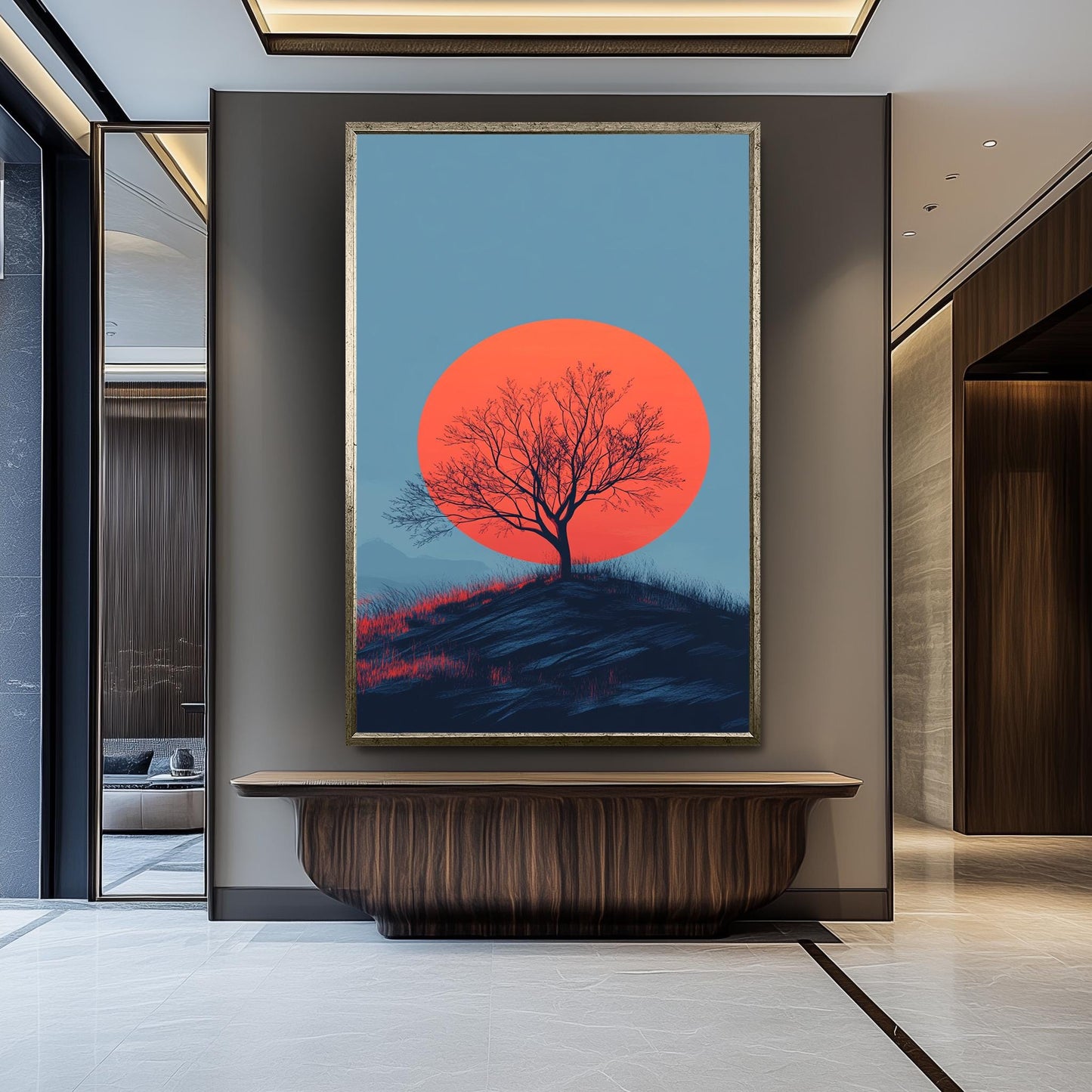 Minimalist Sunset Tree Canvas Print: Bold Red Sun Landscape
