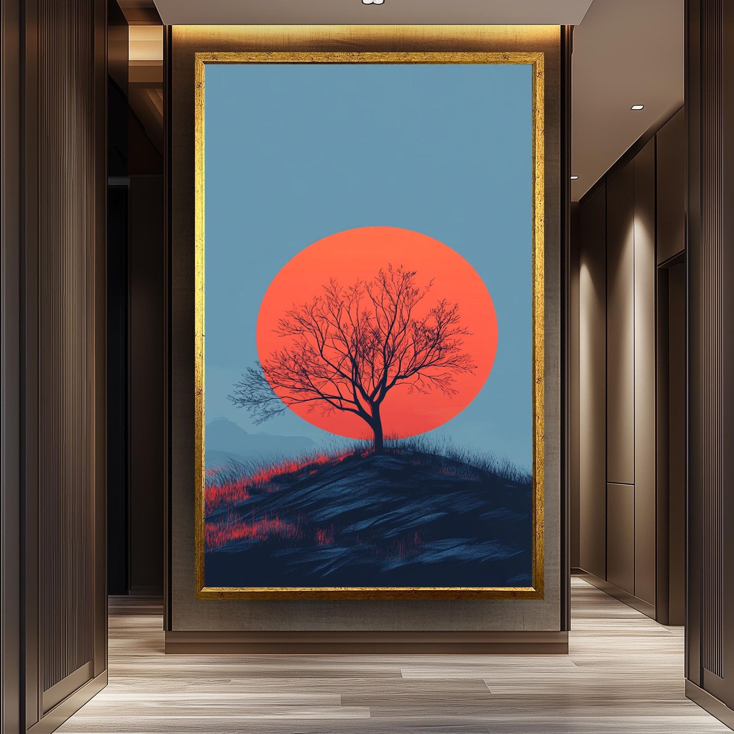Minimalist Sunset Tree Canvas Print: Bold Red Sun Landscape