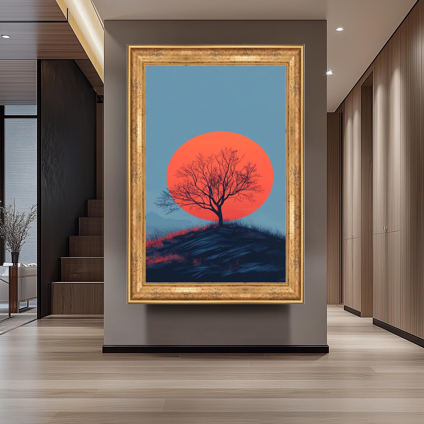 Minimalist Sunset Tree Canvas Print: Bold Red Sun Landscape