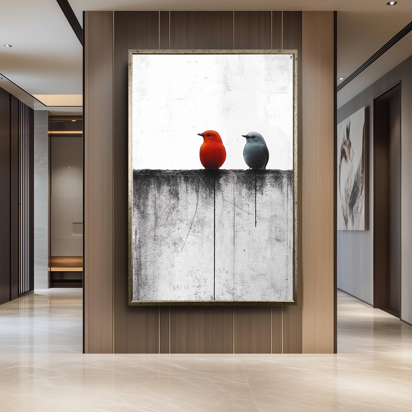 Minimalist Bird Wall Art Red and Blue Birds on Monochrome Fence Canvas Print, Modern Contrast Animal Painting for Contemporary Home Décor
