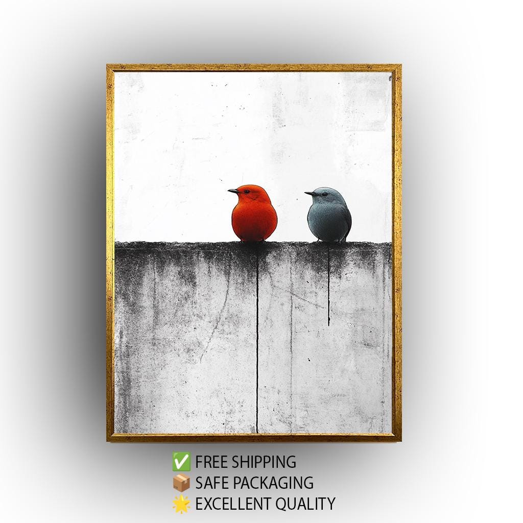 Minimalist Bird Wall Art Red and Blue Birds on Monochrome Fence Canvas Print, Modern Contrast Animal Painting for Contemporary Home Décor