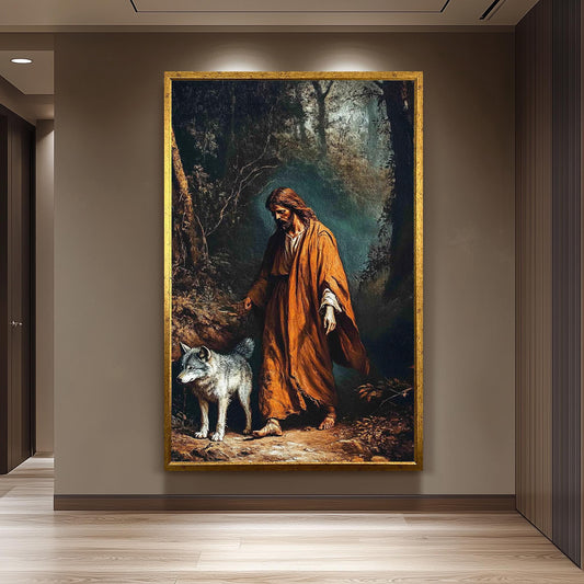Jesus with Wolf Spiritual Wall Art Canvas Print, Symbolic Religious Painting of Shepherd and Wolf in Forest for Faith-Based Home Décor
