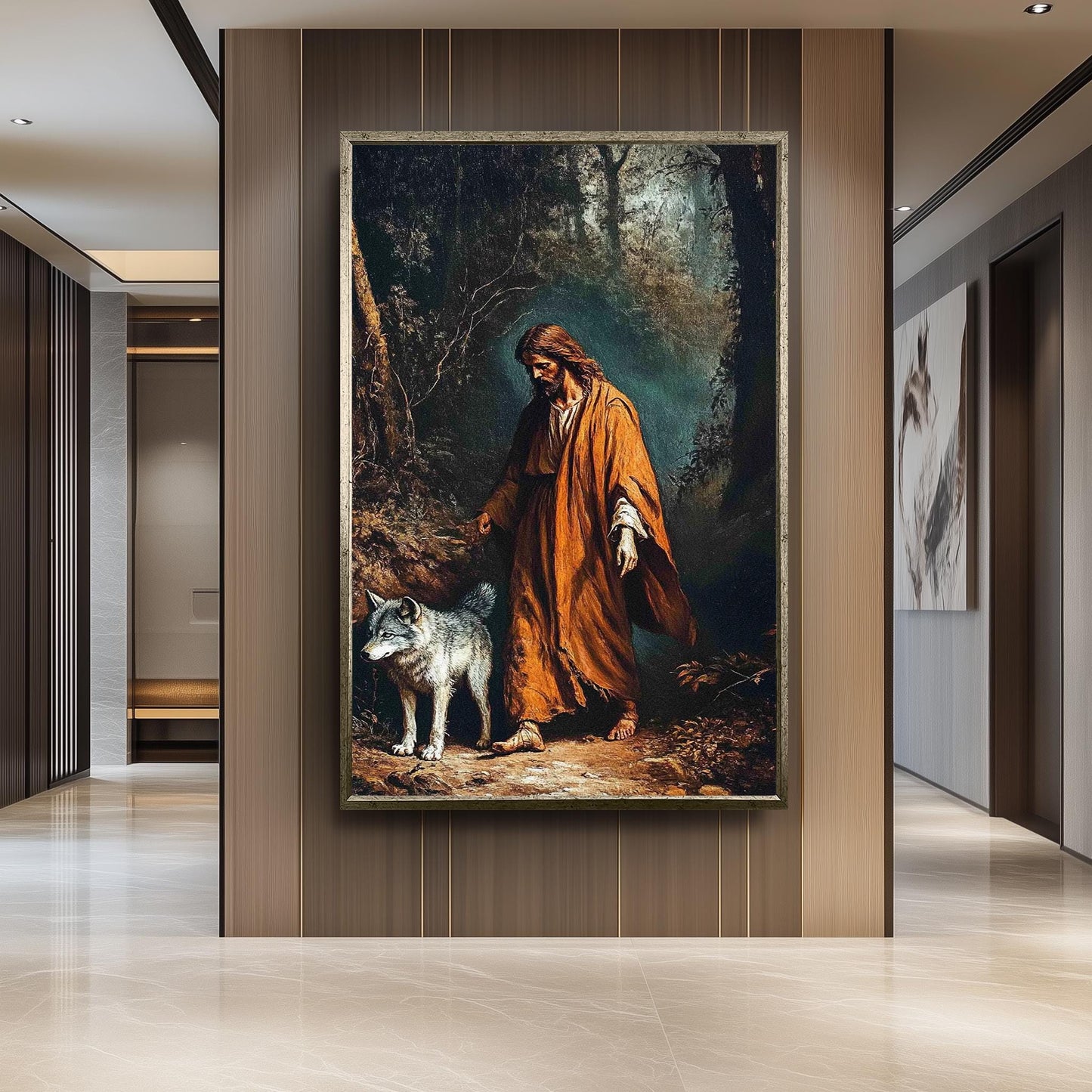 Jesus with Wolf Spiritual Wall Art Canvas Print, Symbolic Religious Painting of Shepherd and Wolf in Forest for Faith-Based Home Décor