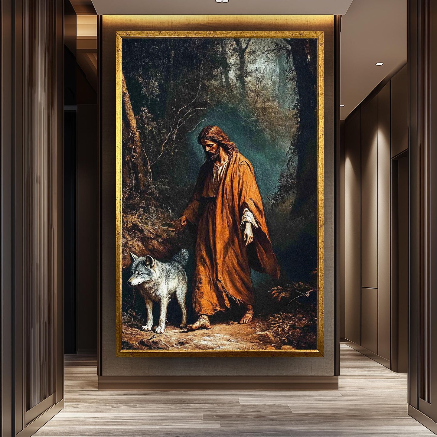 Jesus with Wolf Spiritual Wall Art Canvas Print, Symbolic Religious Painting of Shepherd and Wolf in Forest for Faith-Based Home Décor