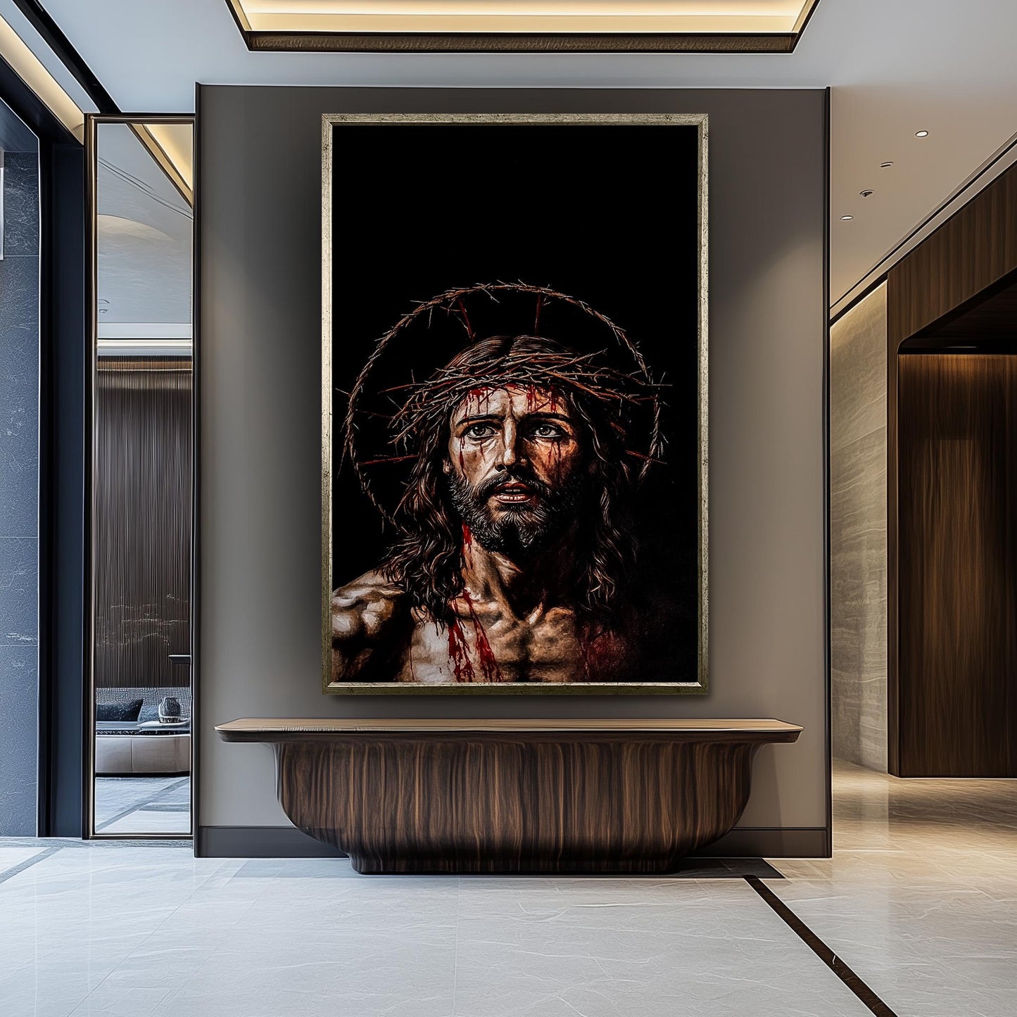 Jesus Crown of Thorns Wall Art Canvas Print, Powerful Religious Painting of Christ's Suffering with Dark Background for Spiritual Home Décor