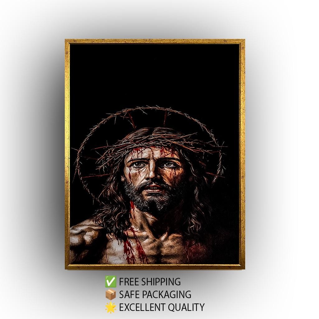 Jesus Crown of Thorns Wall Art Canvas Print, Powerful Religious Painting of Christ's Suffering with Dark Background for Spiritual Home Décor