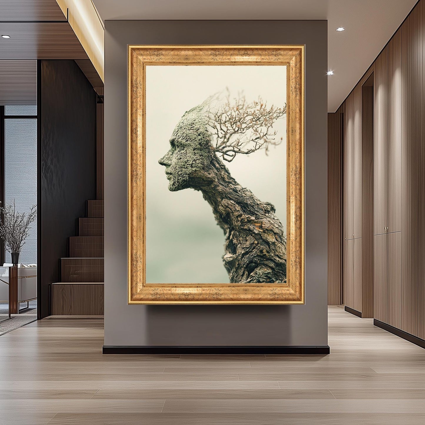 Surreal Tree Human Face Wall Art Nature Spirit Canvas Print, Abstract Wooden Sculpture Portrait for Organic and Earthy Home Décor, Tree Art