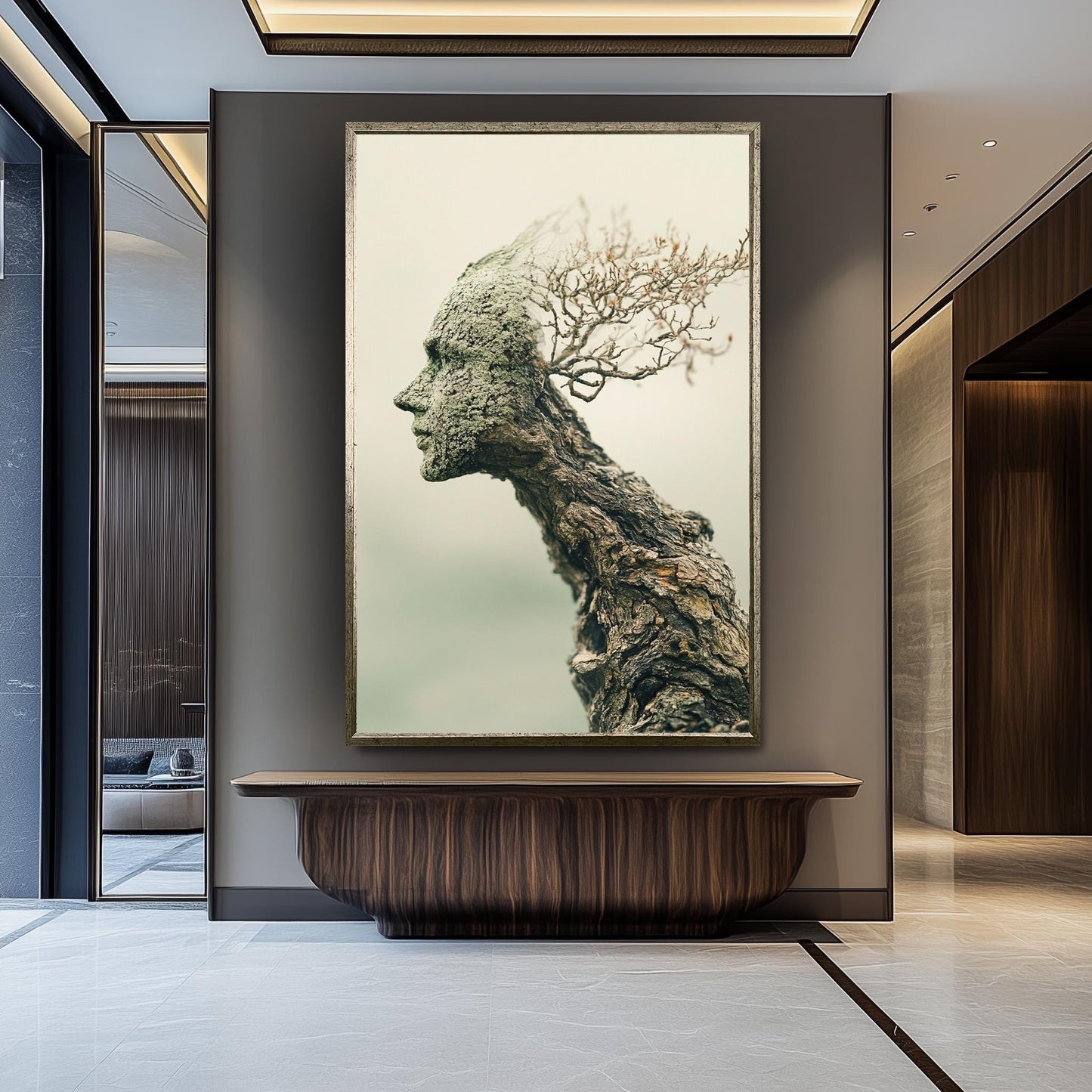 Surreal Tree Human Face Wall Art Nature Spirit Canvas Print, Abstract Wooden Sculpture Portrait for Organic and Earthy Home Décor, Tree Art