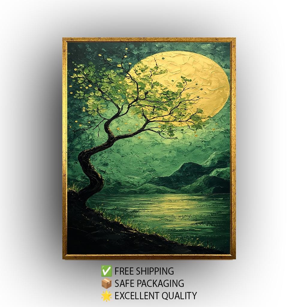 Moonlit Tree Canvas Print: Textured Night Landscape, Tranquil Decor