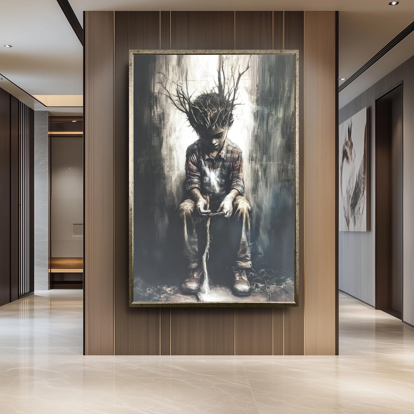 Surreal Boy with Tree Roots Canvas Print: Emotional Fantasy Wall Art