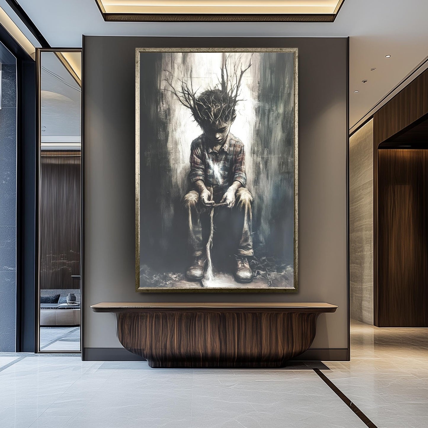 Surreal Boy with Tree Roots Canvas Print: Emotional Fantasy Wall Art