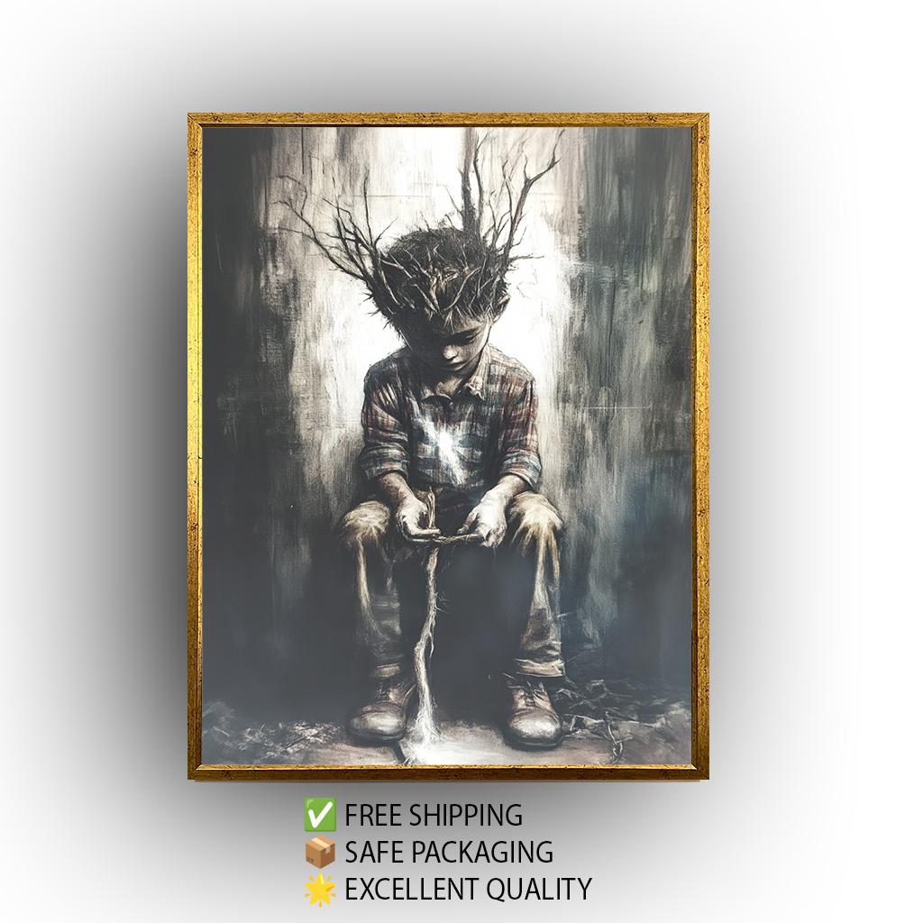 Surreal Boy with Tree Roots Canvas Print: Emotional Fantasy Wall Art