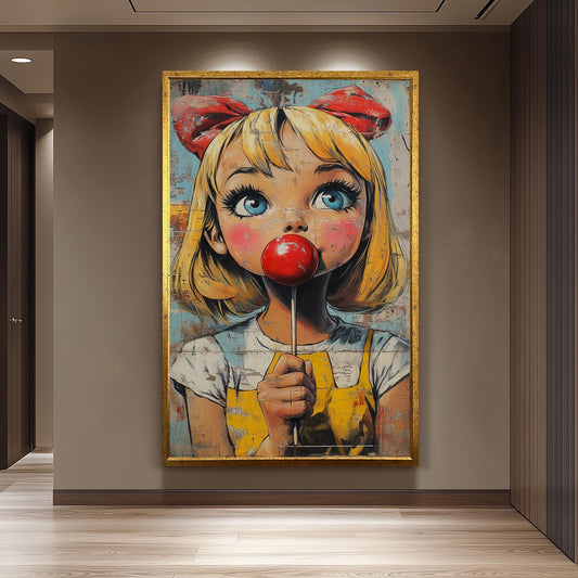Pop Art Girl with Lollipop Canvas Print: Retro Cartoon Portrait