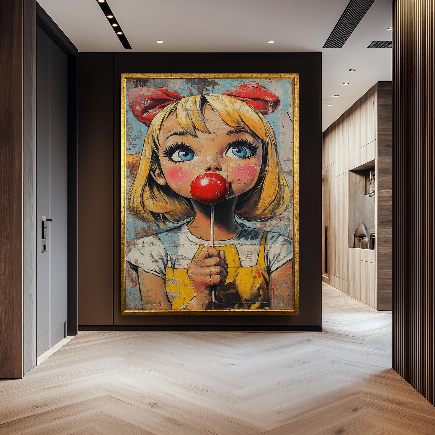 Pop Art Girl with Lollipop Canvas Print: Retro Cartoon Portrait