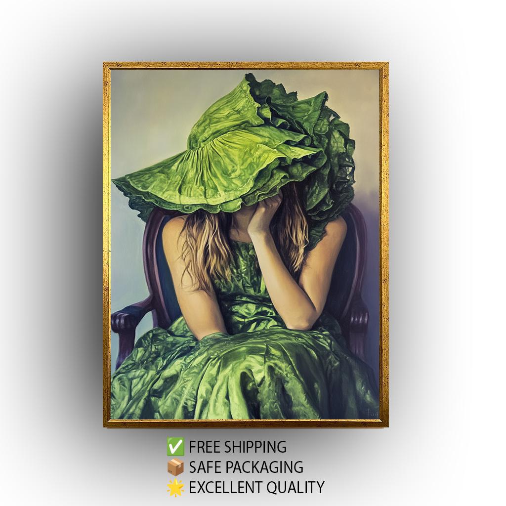 Whimsical Woman in Green Dress and Oversized Hat Oil Painting, Surreal Portrait Art with Fashion and Mystery Style Decor, Woman  Portraits