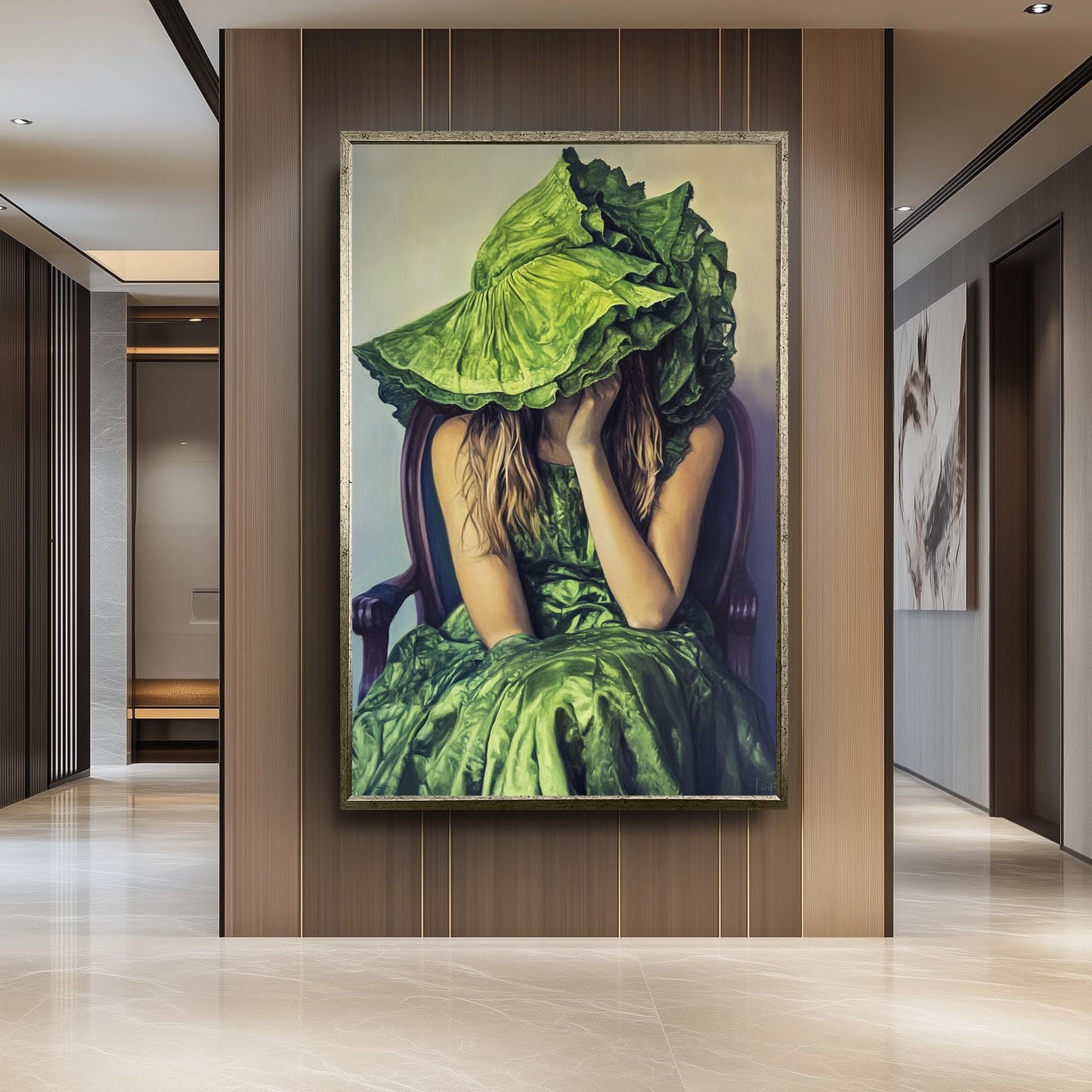 Whimsical Woman in Green Dress and Oversized Hat Oil Painting, Surreal Portrait Art with Fashion and Mystery Style Decor, Woman  Portraits