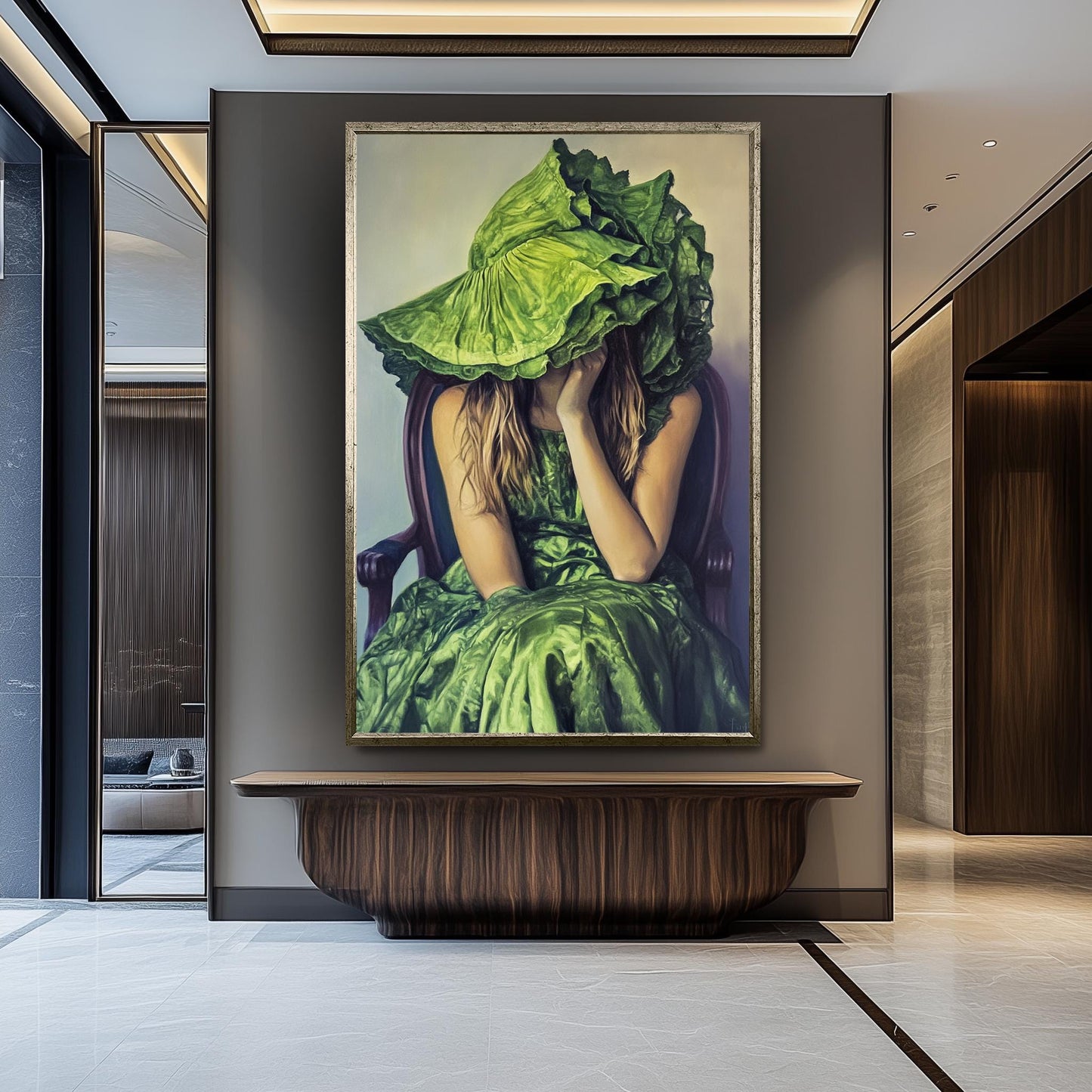 Whimsical Woman in Green Dress and Oversized Hat Oil Painting, Surreal Portrait Art with Fashion and Mystery Style Decor, Woman  Portraits