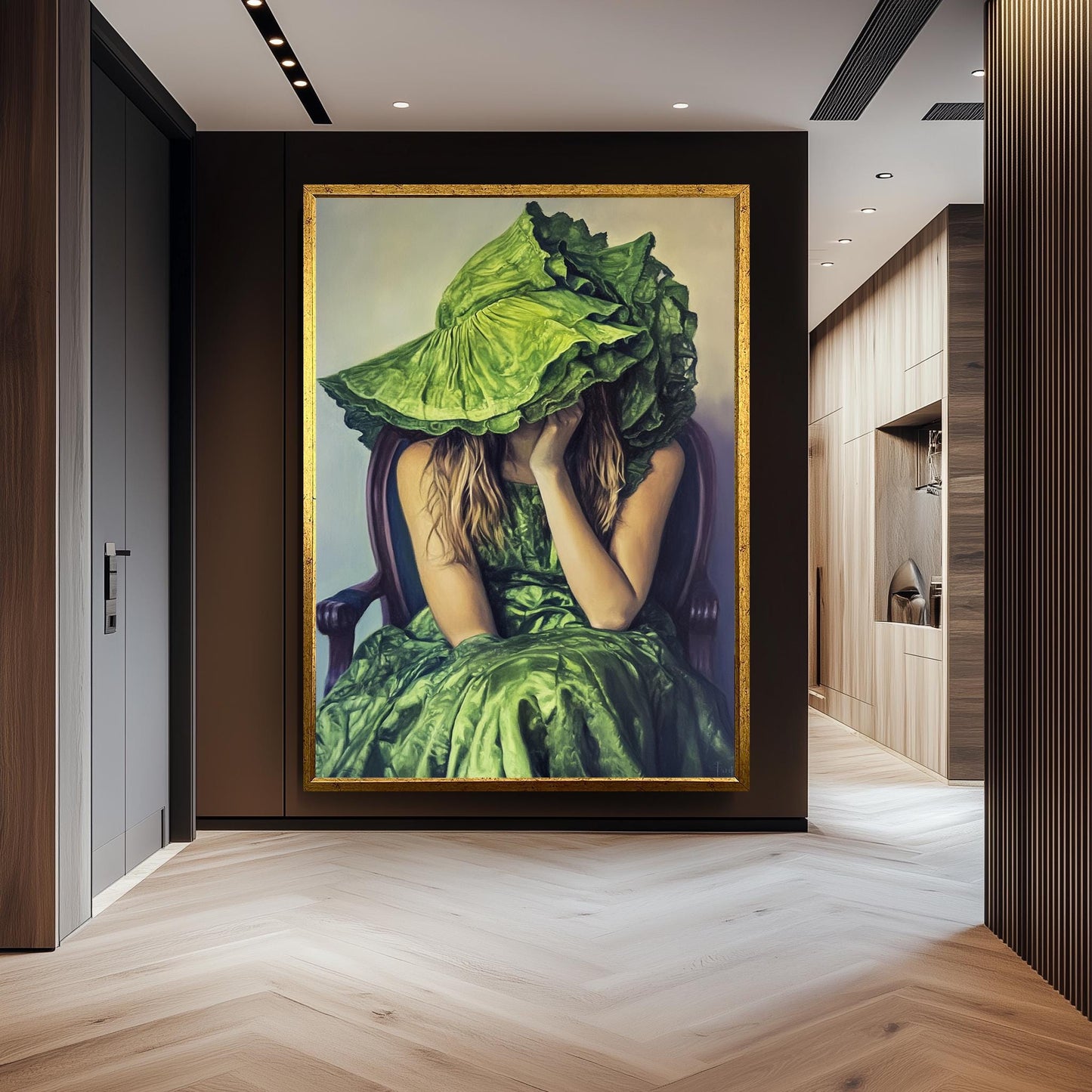 Whimsical Woman in Green Dress and Oversized Hat Oil Painting, Surreal Portrait Art with Fashion and Mystery Style Decor, Woman  Portraits