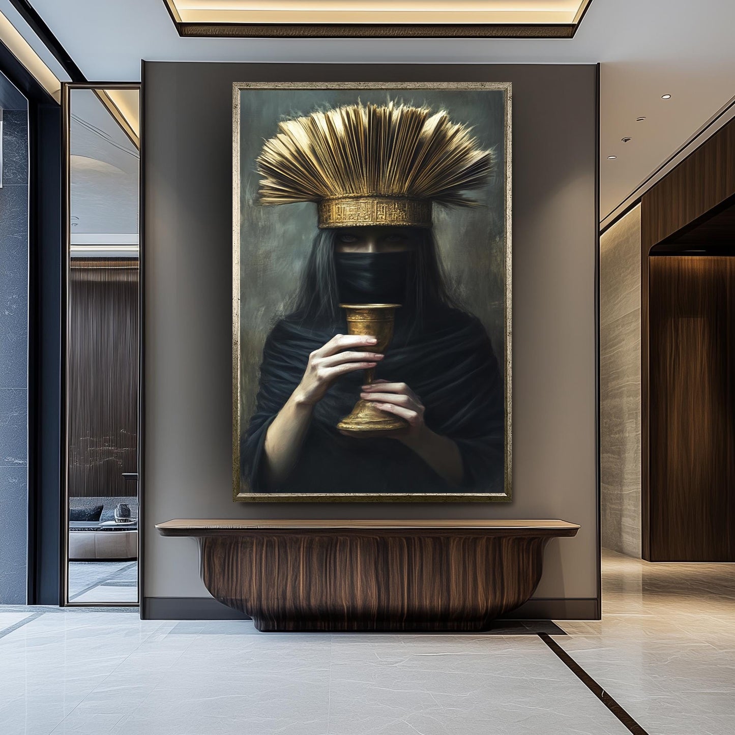 Veiled Woman Portrait: Dark Fantasy Art, Golden Chalice, Regal Crown