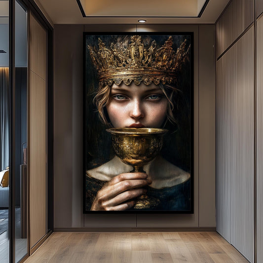 Regal Surreal Portrait Wall Art of Enigmatic Woman with Ornate Golden Crown and Chalice in Moody Renaissance Fantasy Style, Crown Woman Art