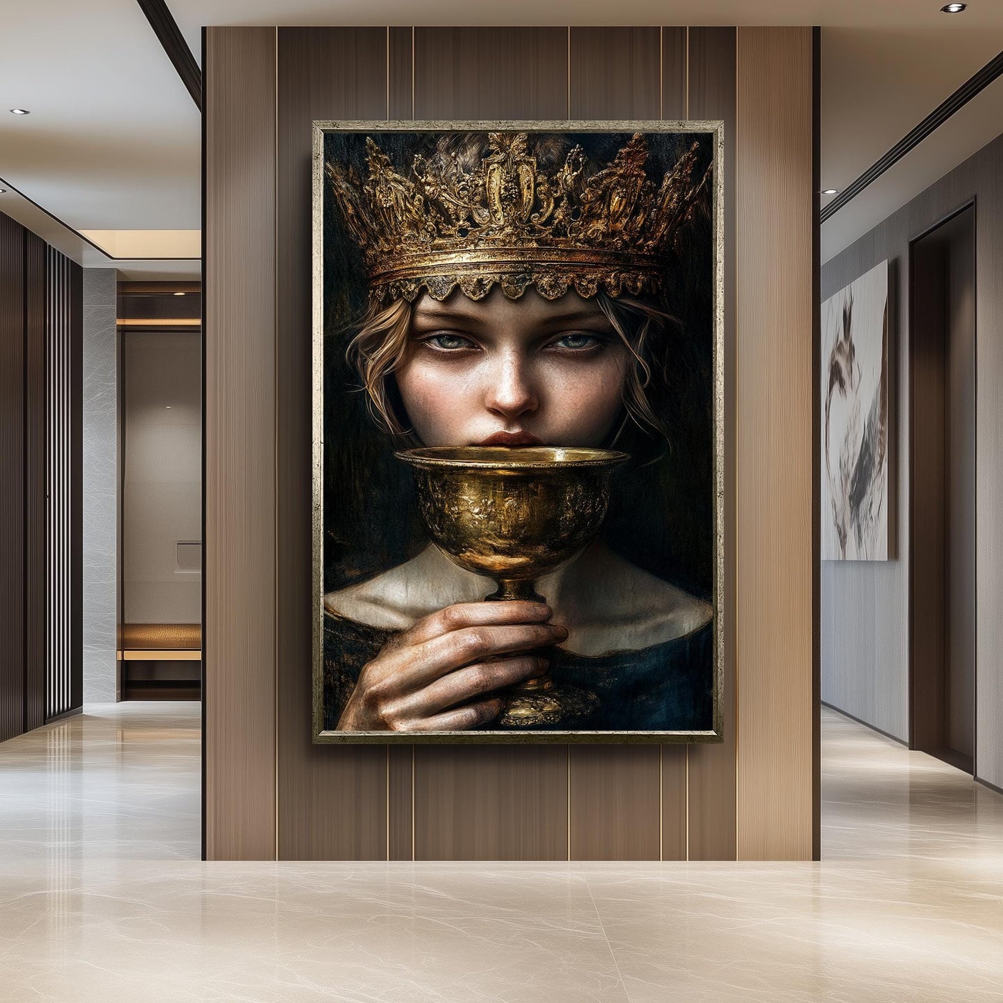 Regal Surreal Portrait Wall Art of Enigmatic Woman with Ornate Golden Crown and Chalice in Moody Renaissance Fantasy Style, Crown Woman Art