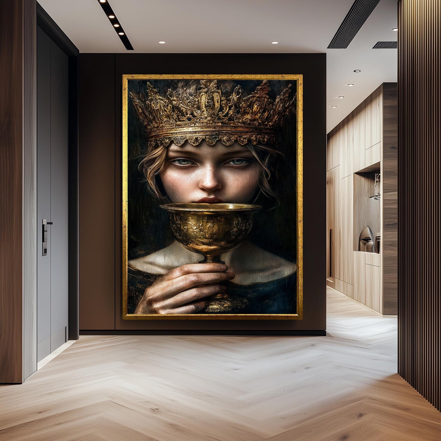 Regal Surreal Portrait Wall Art of Enigmatic Woman with Ornate Golden Crown and Chalice in Moody Renaissance Fantasy Style, Crown Woman Art