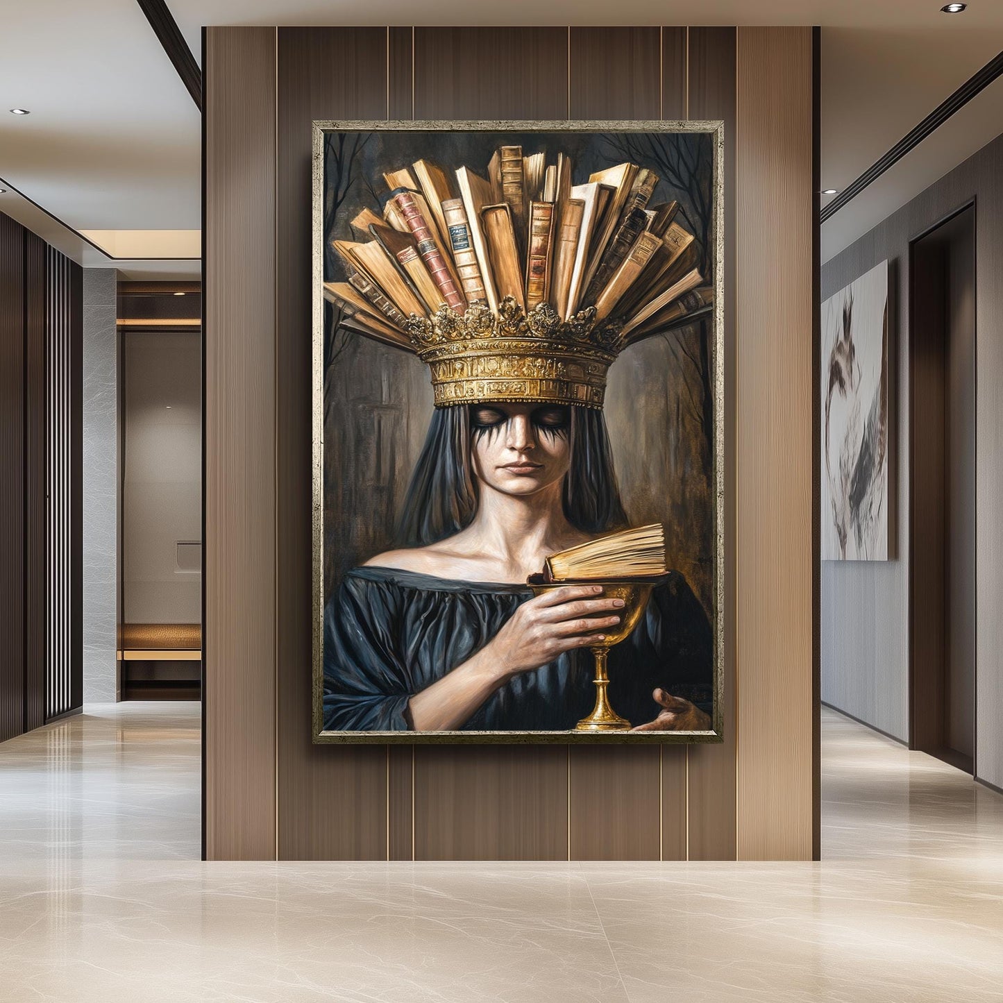 Surreal Portrait Wall Art of Mysterious Woman with Book Crown and Golden Chalice in Dark Academic Gothic Fantasy Aesthetic, Crown Woman Art
