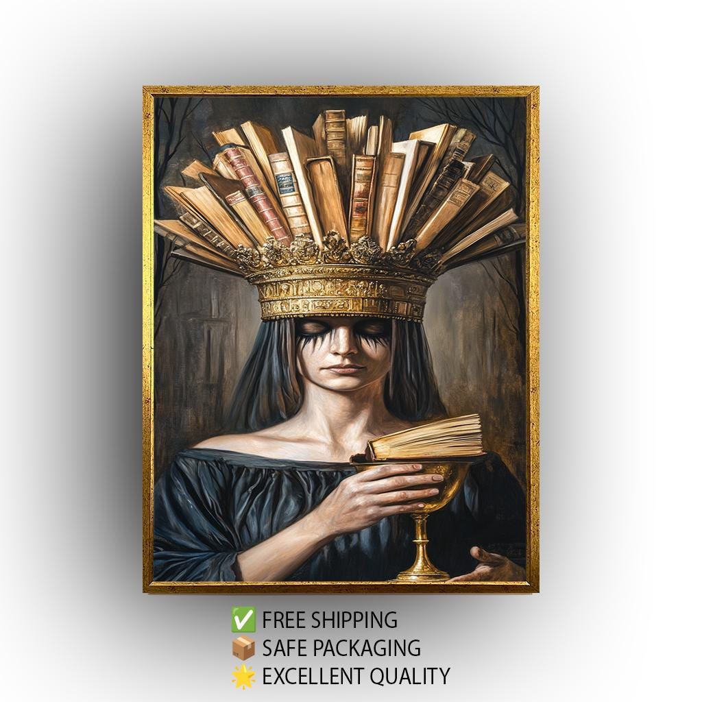 Surreal Portrait Wall Art of Mysterious Woman with Book Crown and Golden Chalice in Dark Academic Gothic Fantasy Aesthetic, Crown Woman Art