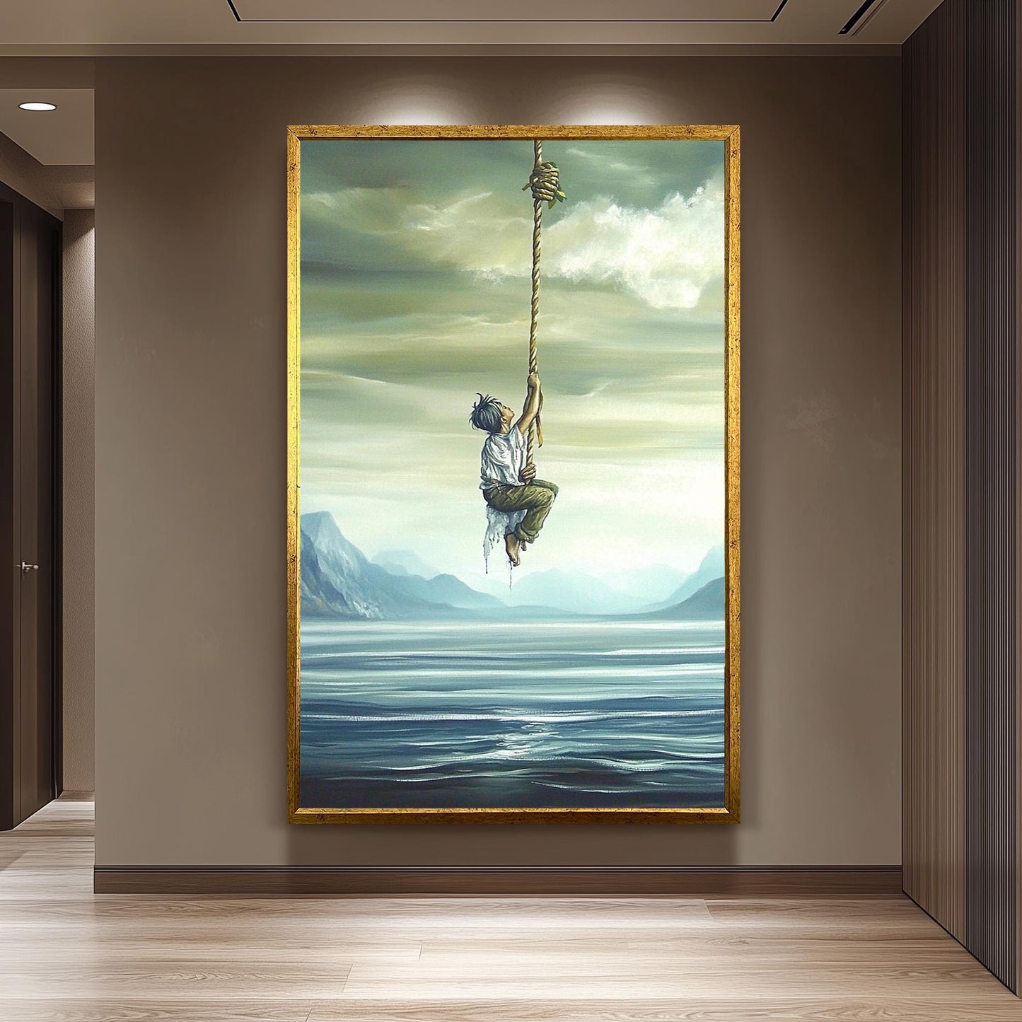 Surreal Inspirational Wall Art of Boy Climbing Rope into the Sky over Water and Mountains in Dreamlike Oil Painting Style, Surreal Wall Art