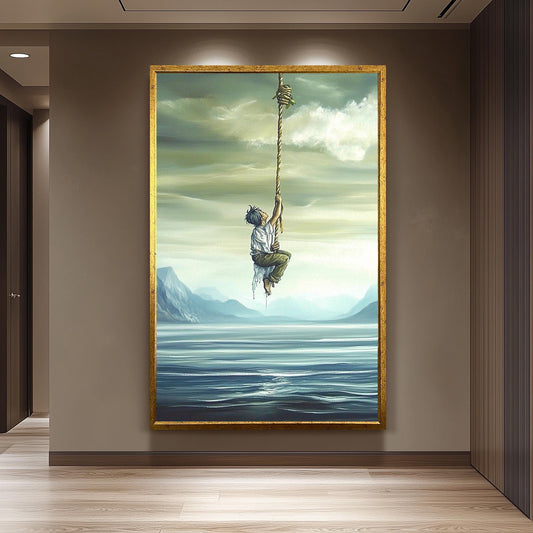 Surreal Inspirational Wall Art of Boy Climbing Rope into the Sky over Water and Mountains in Dreamlike Oil Painting Style, Surreal Wall Art