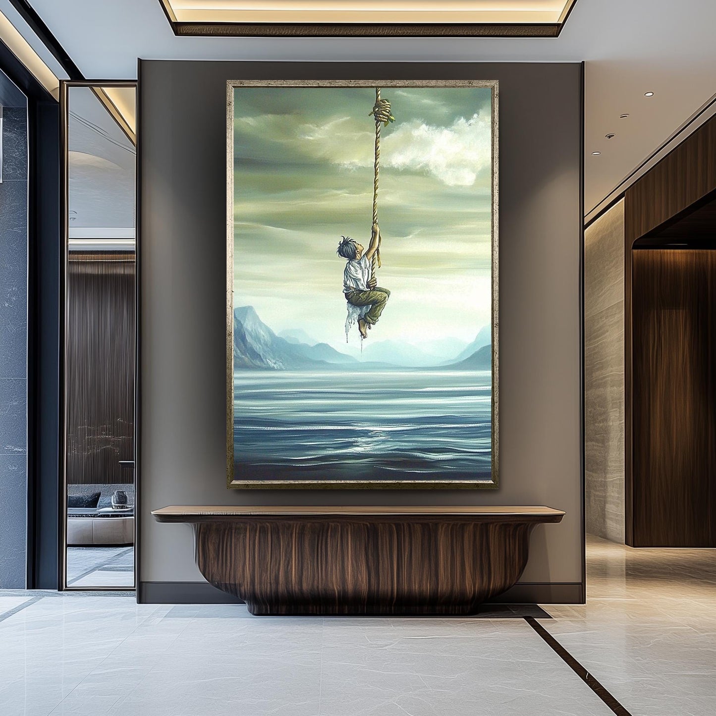 Surreal Inspirational Wall Art of Boy Climbing Rope into the Sky over Water and Mountains in Dreamlike Oil Painting Style, Surreal Wall Art