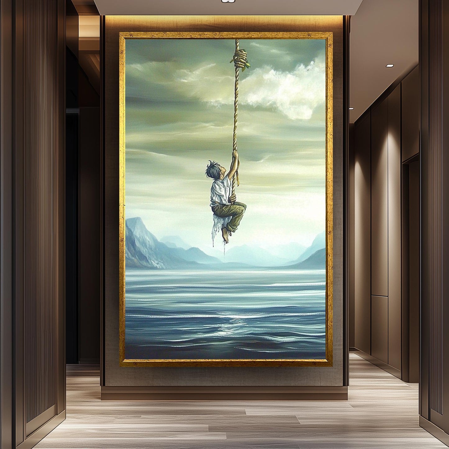 Surreal Inspirational Wall Art of Boy Climbing Rope into the Sky over Water and Mountains in Dreamlike Oil Painting Style, Surreal Wall Art