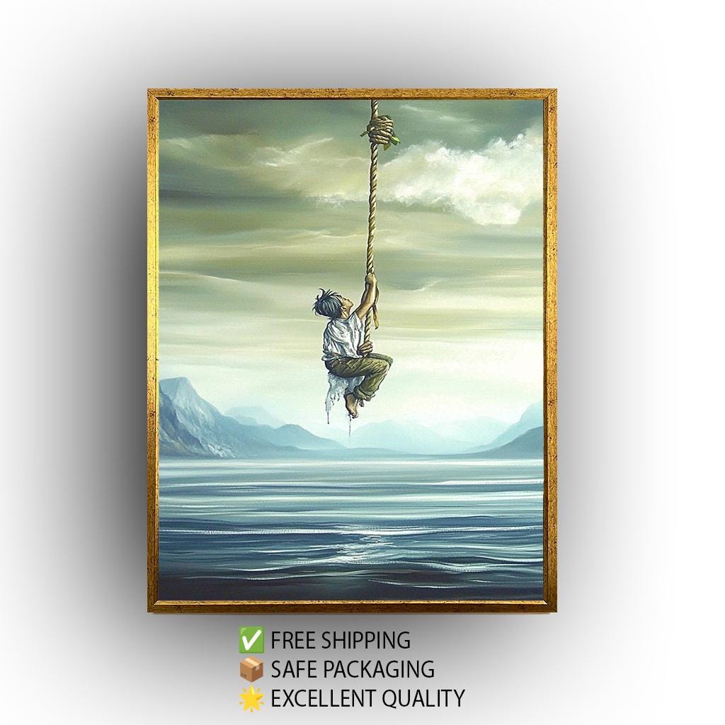 Surreal Inspirational Wall Art of Boy Climbing Rope into the Sky over Water and Mountains in Dreamlike Oil Painting Style, Surreal Wall Art