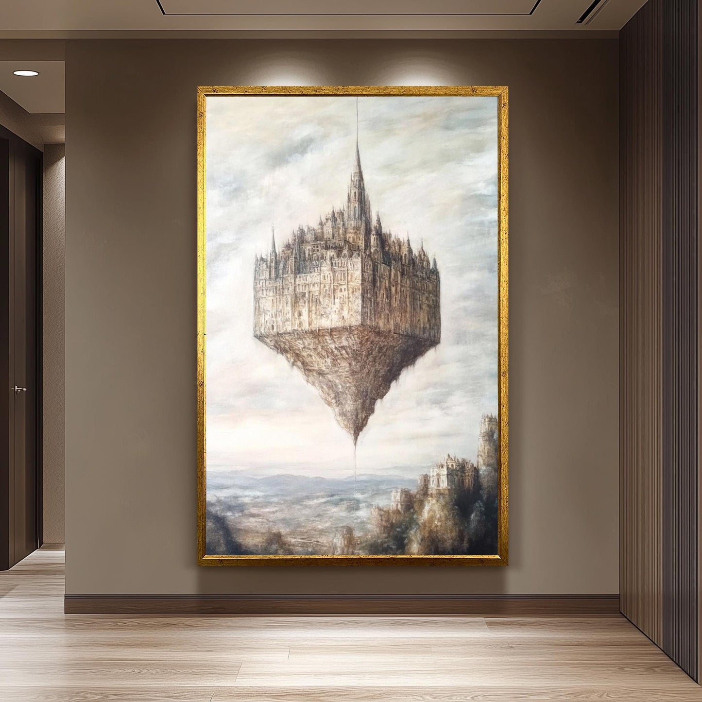 Floating Gothic Castle Canvas Art: Surreal Oil Painting Style