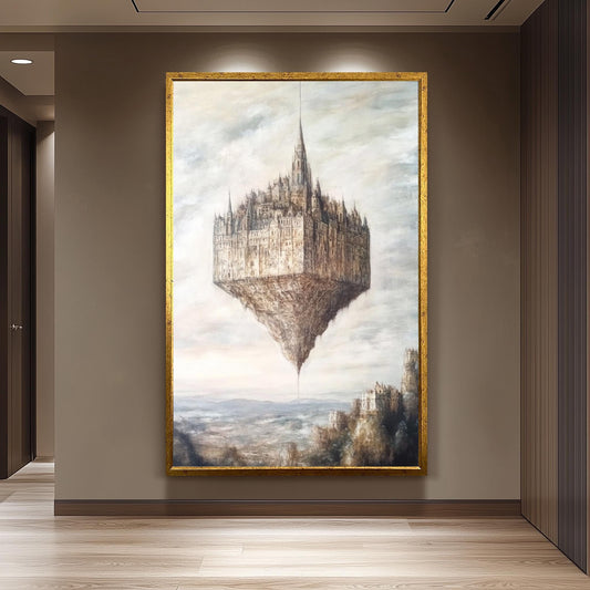 Floating Gothic Castle Canvas Art: Surreal Oil Painting Style