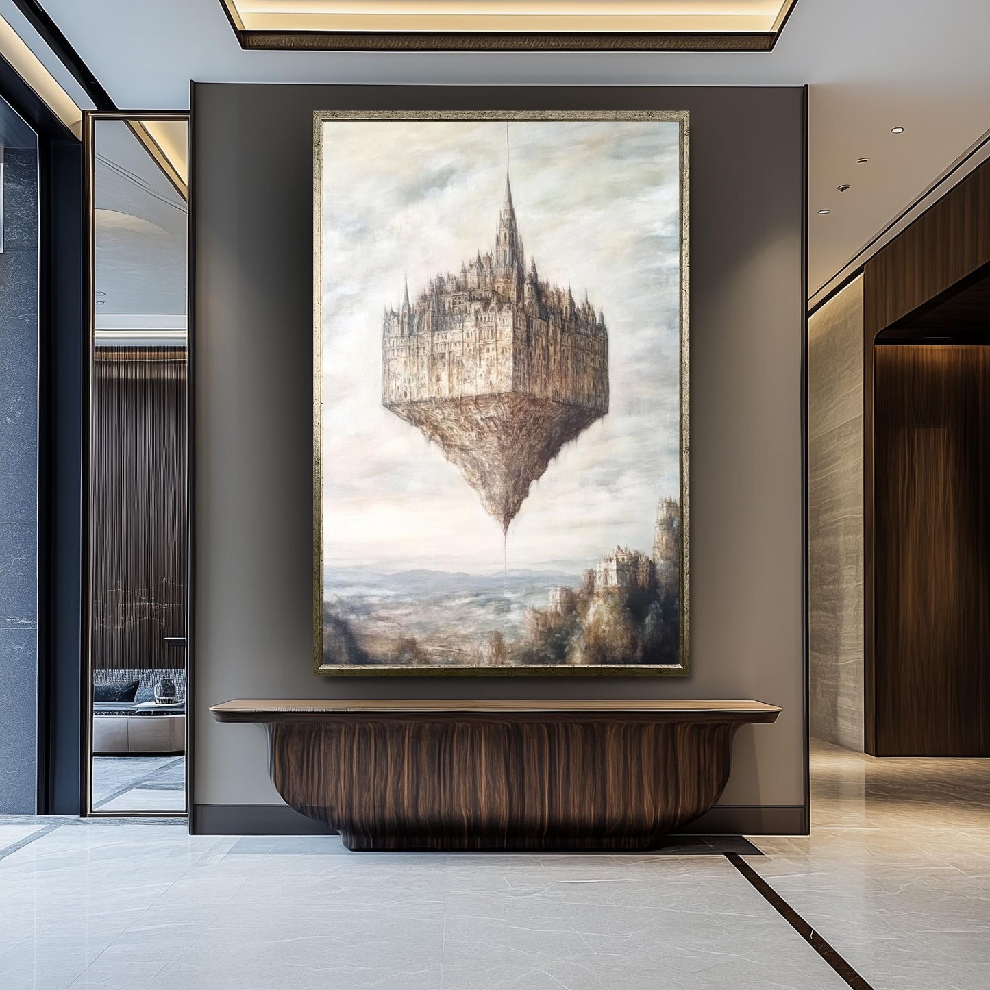 Floating Gothic Castle Canvas Art: Surreal Oil Painting Style