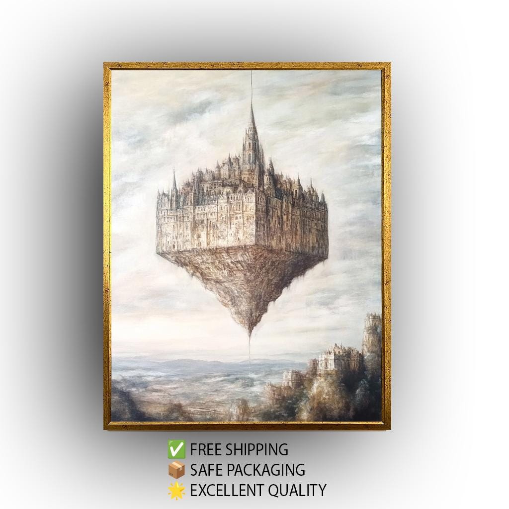 Floating Gothic Castle Canvas Art: Surreal Oil Painting Style