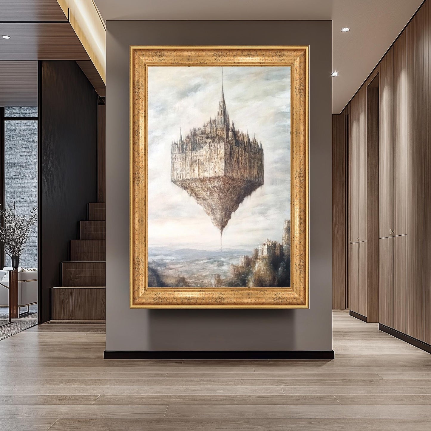 Floating Gothic Castle Canvas Art: Surreal Oil Painting Style
