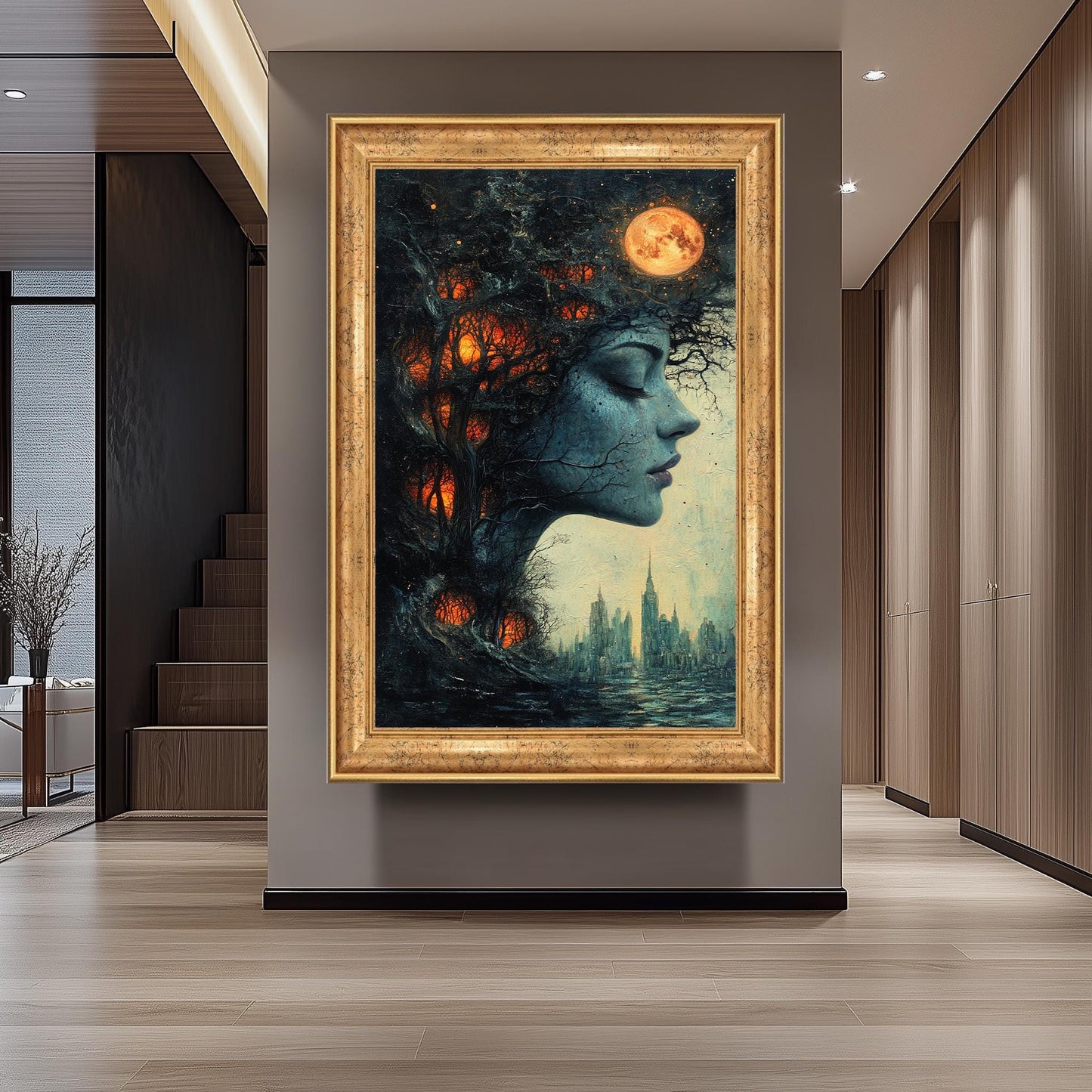 Surreal Woman Forest Canvas Art: Dreamlike Cityscape Wall Decor