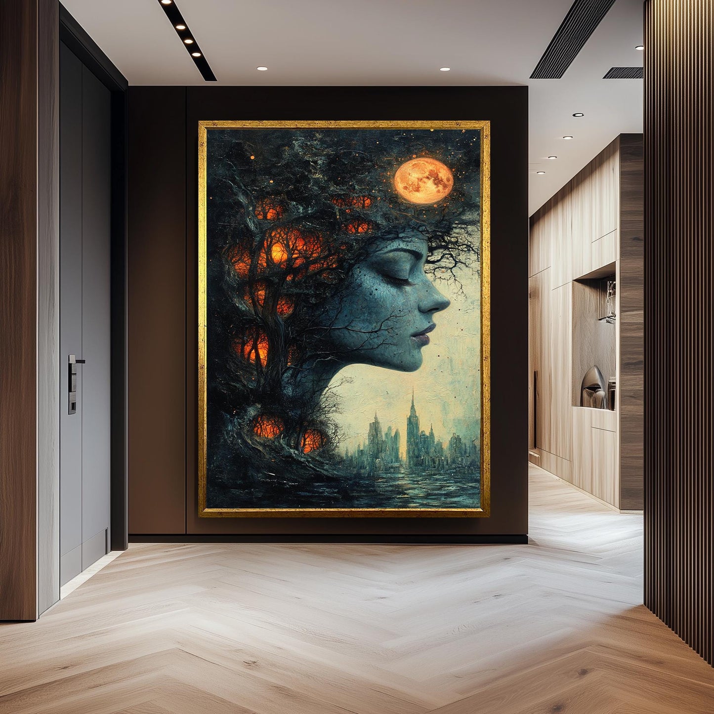Surreal Woman Forest Canvas Art: Dreamlike Cityscape Wall Decor
