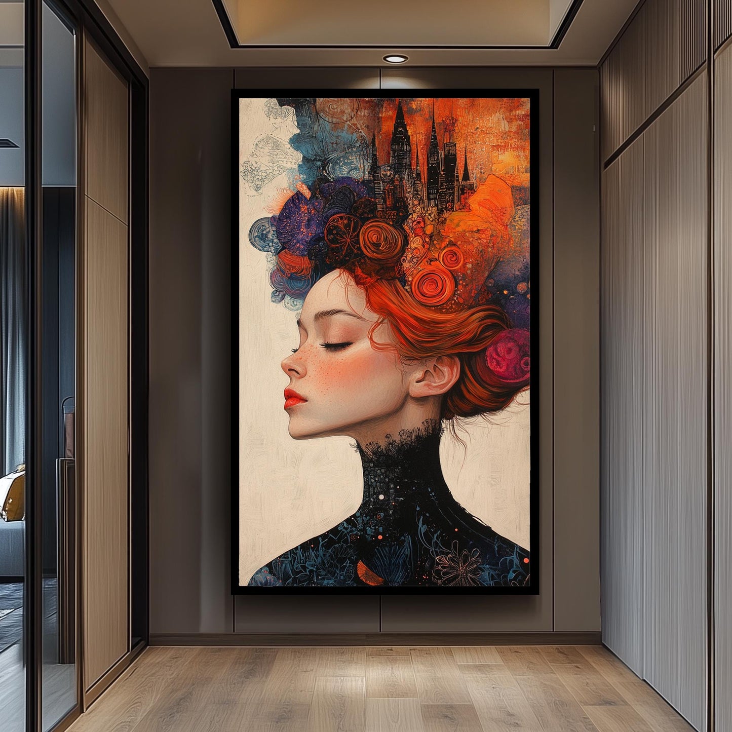 Surreal Woman Art Print: Fiery Red Hair, Abstract Cityscape
