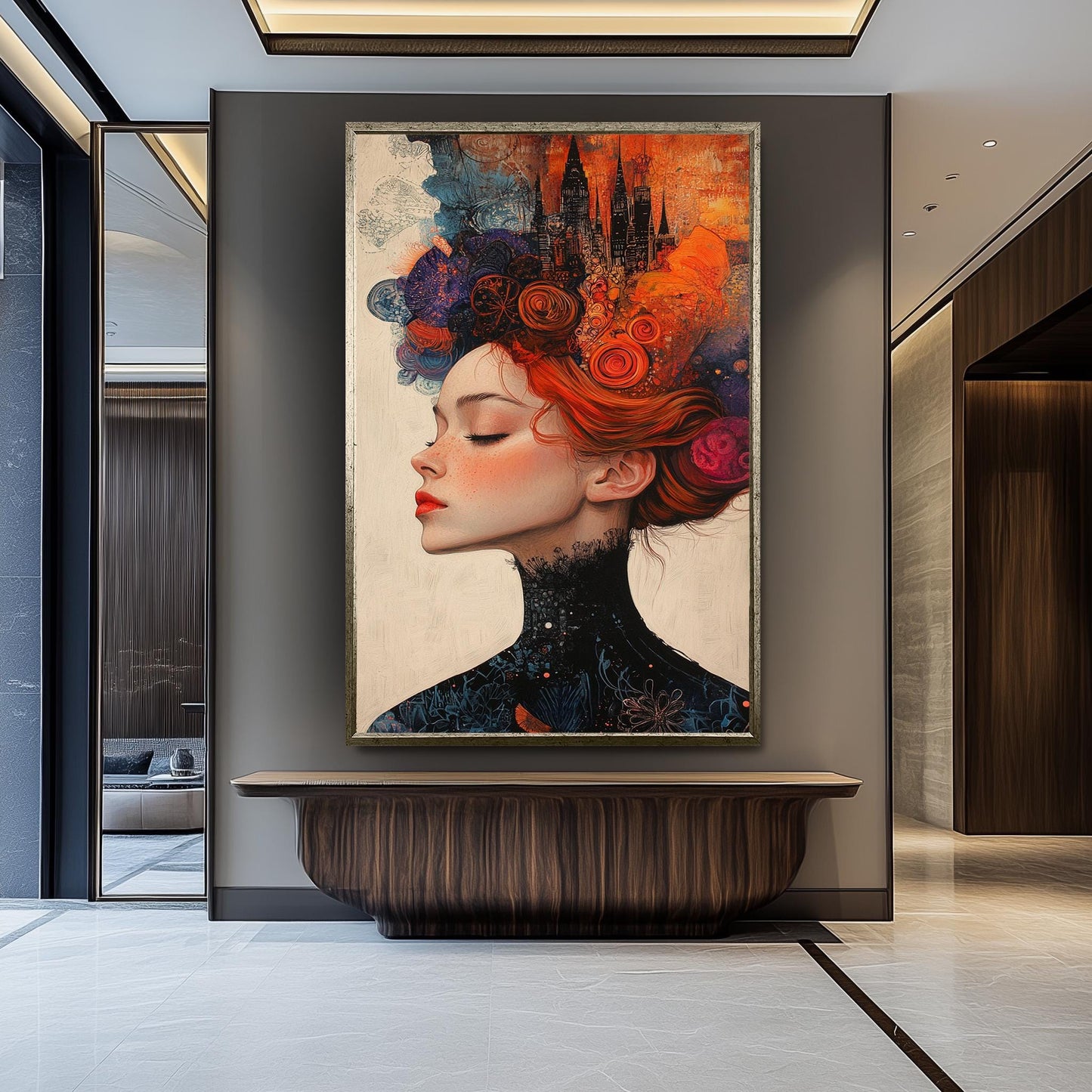 Surreal Woman Art Print: Fiery Red Hair, Abstract Cityscape