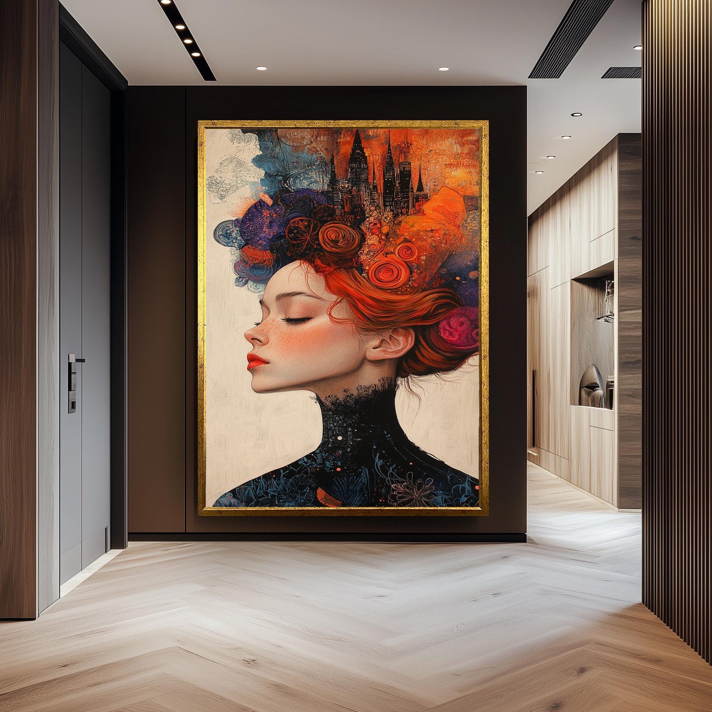Surreal Woman Art Print: Fiery Red Hair, Abstract Cityscape