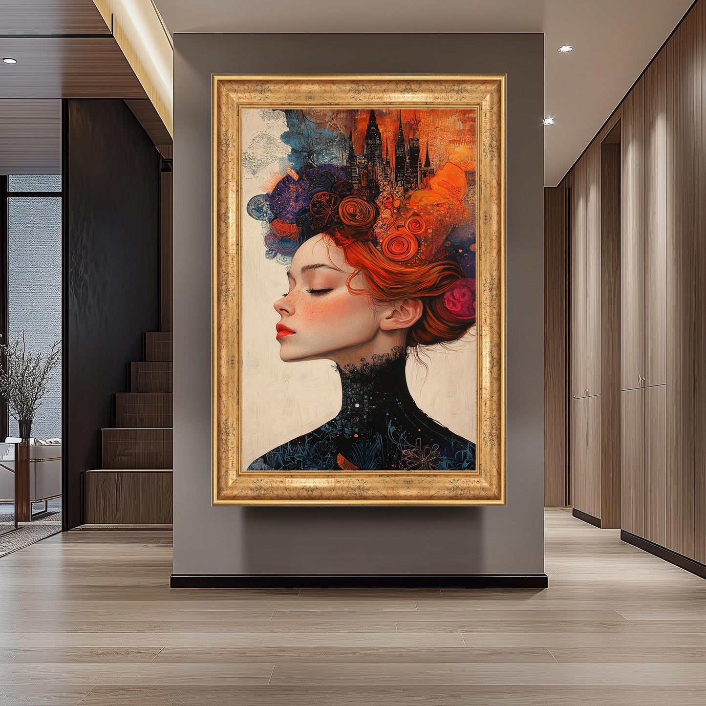 Surreal Woman Art Print: Fiery Red Hair, Abstract Cityscape