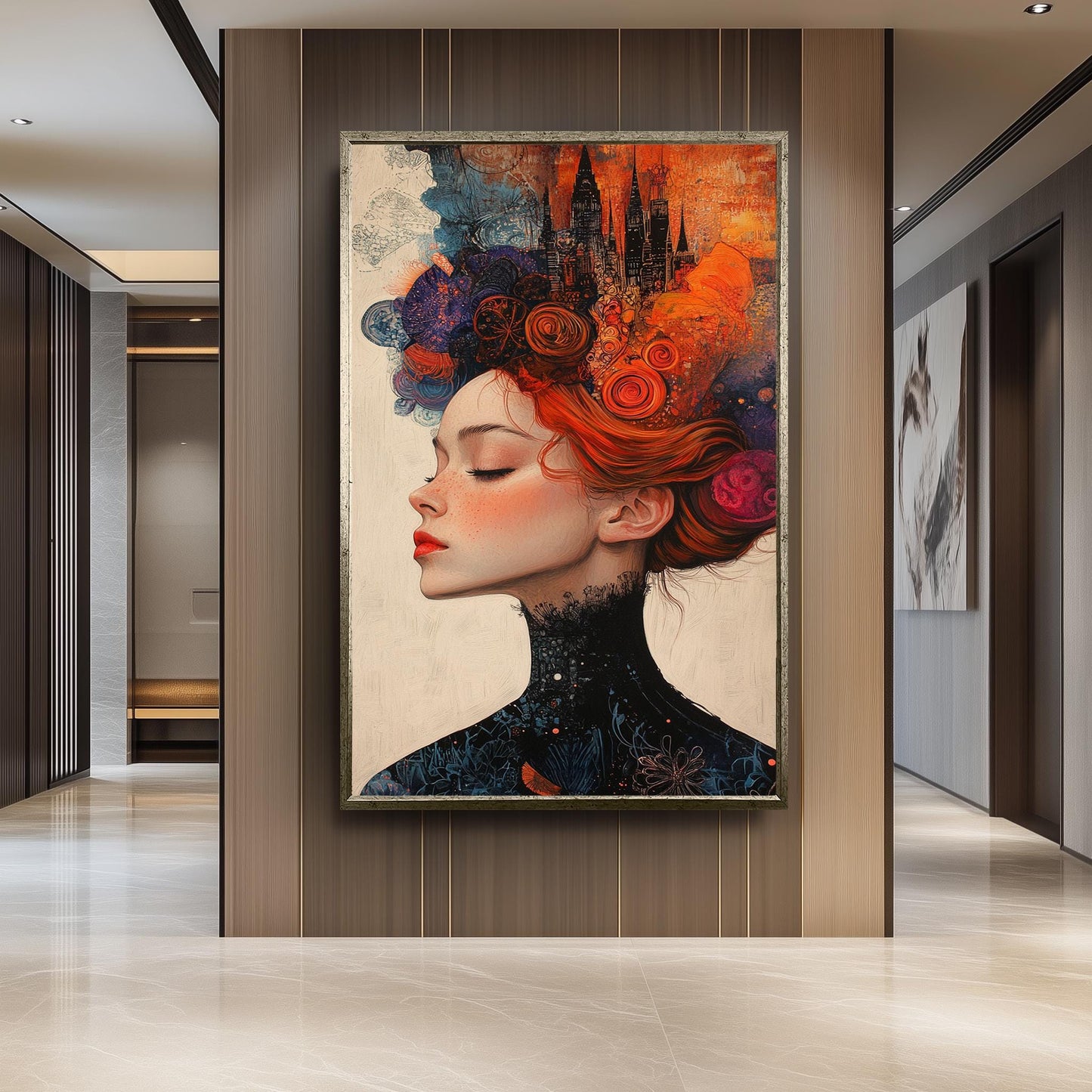 Surreal Woman Art Print: Fiery Red Hair, Abstract Cityscape