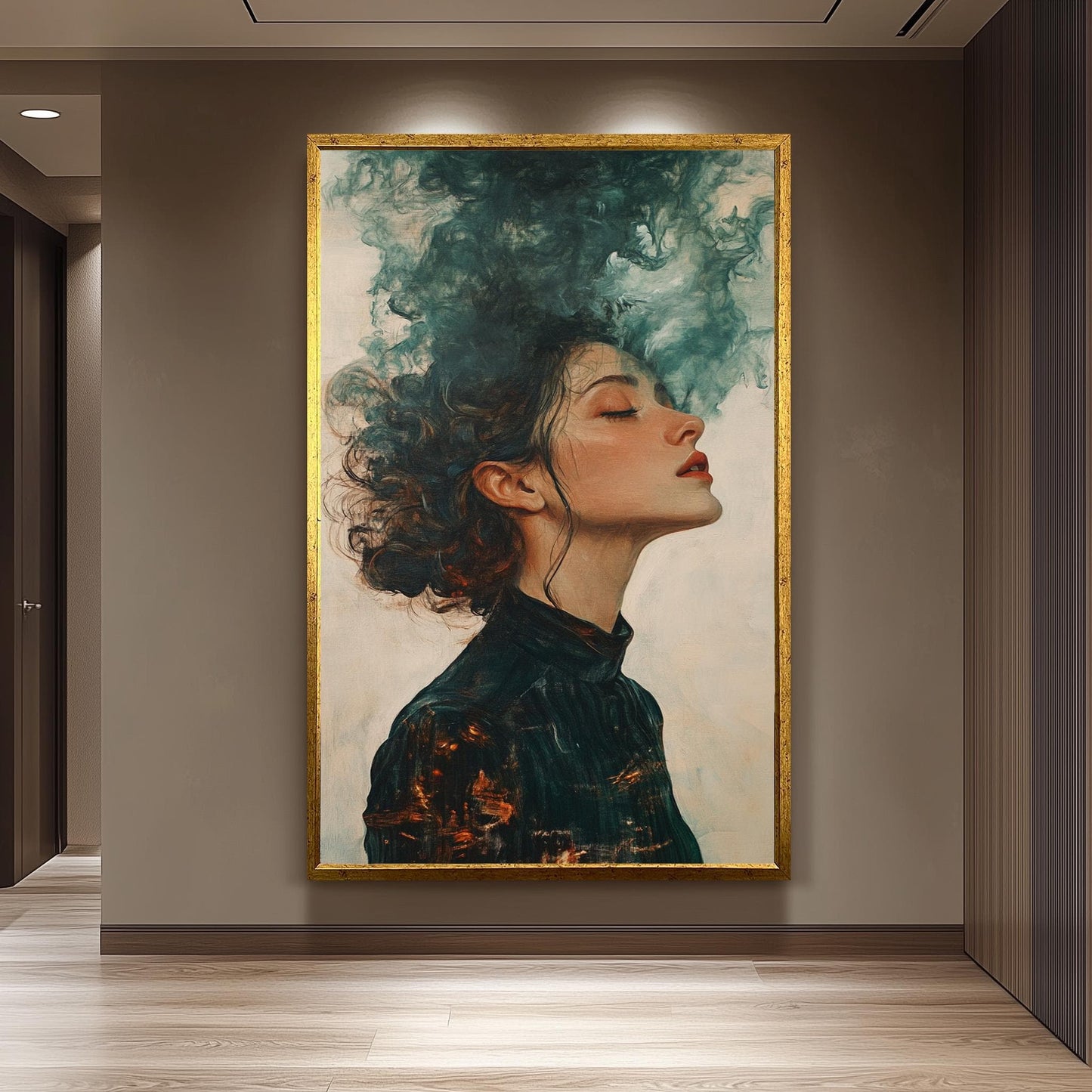 Surreal Wall Art of Dreamy Woman with Flowing Hair Transforming into Smoke in Moody Abstract Oil Painting Style, Woman Painting, Surreal Art