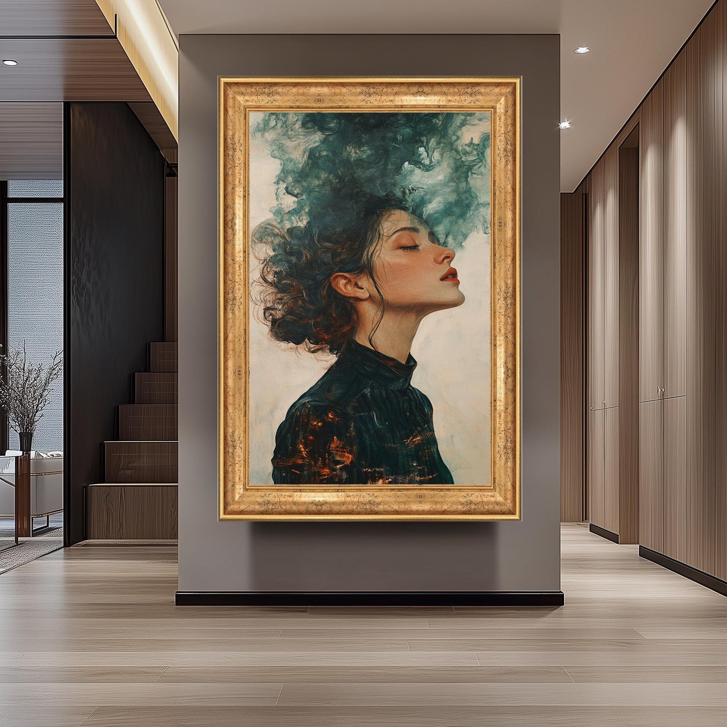 Surreal Wall Art of Dreamy Woman with Flowing Hair Transforming into Smoke in Moody Abstract Oil Painting Style, Woman Painting, Surreal Art