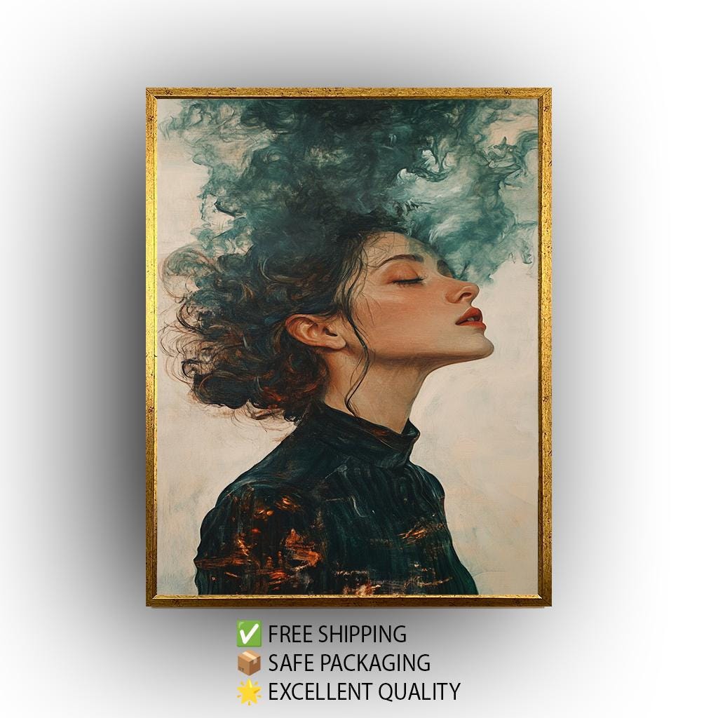 Surreal Wall Art of Dreamy Woman with Flowing Hair Transforming into Smoke in Moody Abstract Oil Painting Style, Woman Painting, Surreal Art