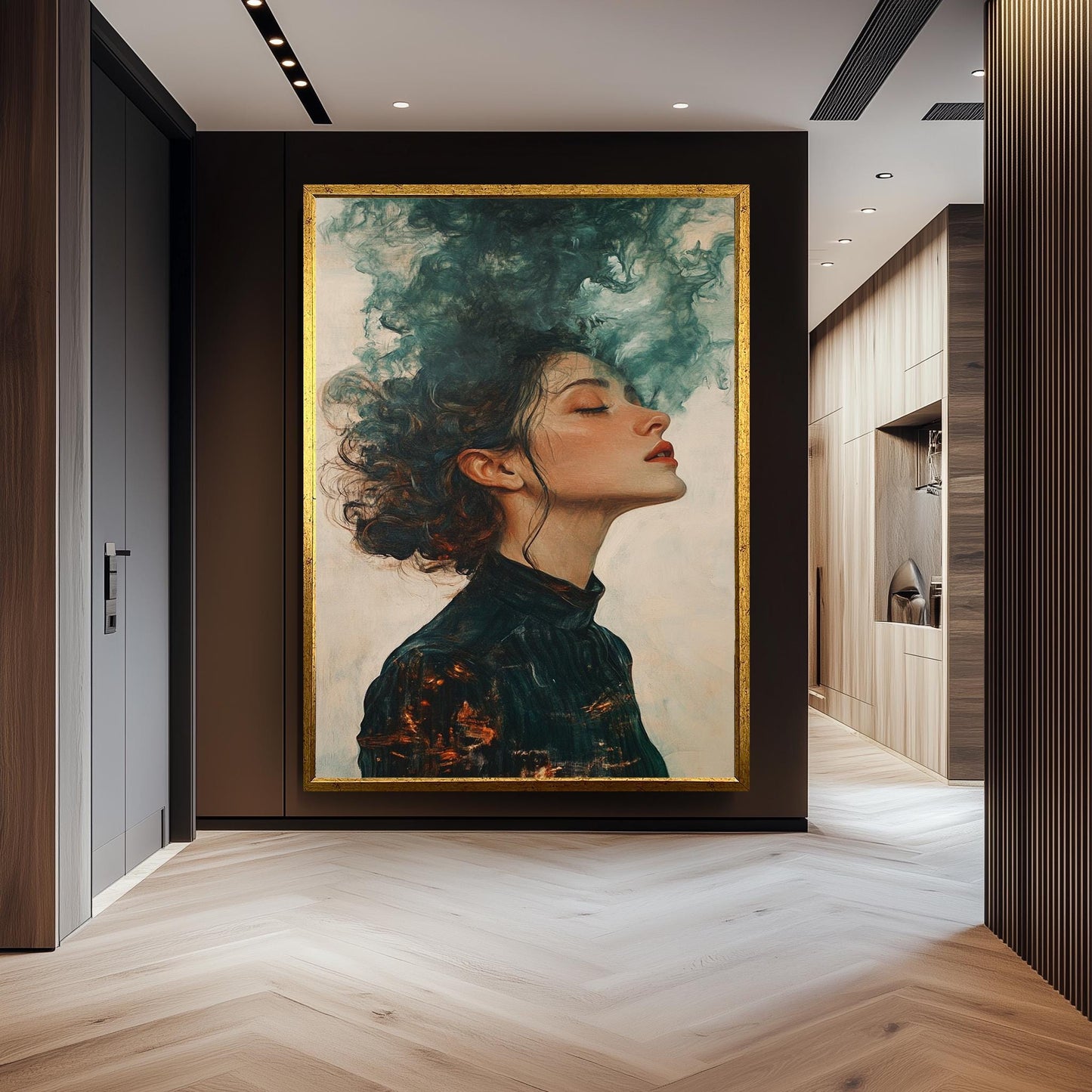 Surreal Wall Art of Dreamy Woman with Flowing Hair Transforming into Smoke in Moody Abstract Oil Painting Style, Woman Painting, Surreal Art